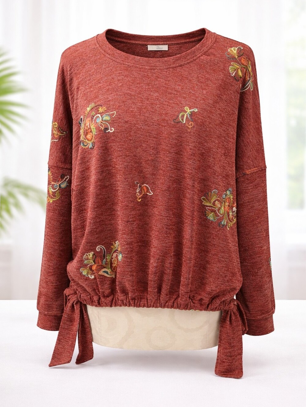 Figueroa And Flower Rust Floral Tie-Hem Women's Top, Size Large